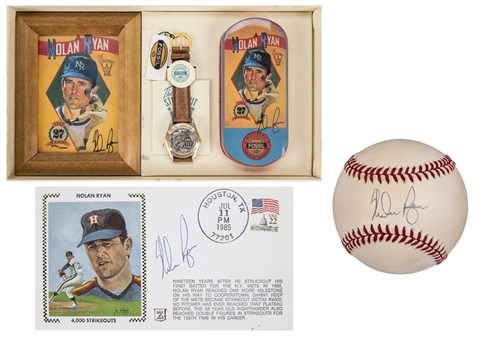 Lot of (3) Nolan Ryan Signed OAL Brown Baseball, First Day Cover & Fossil Watch Collectors Set (Beckett)
